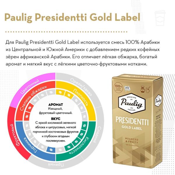 Кофе молотый Paulig Presidentti Gold Label обжарка легкая 1 шт 0,2 кг [17650]